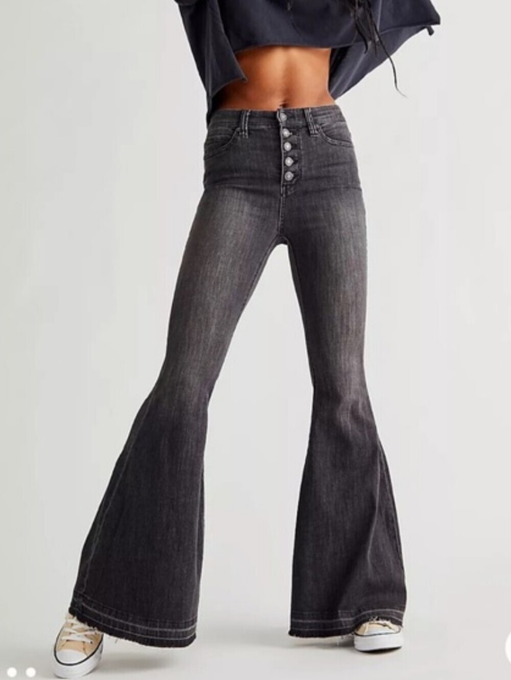 Free People We The Free Irreplaceable Flare Jeans Gray/Black Raw Hem Size 29
